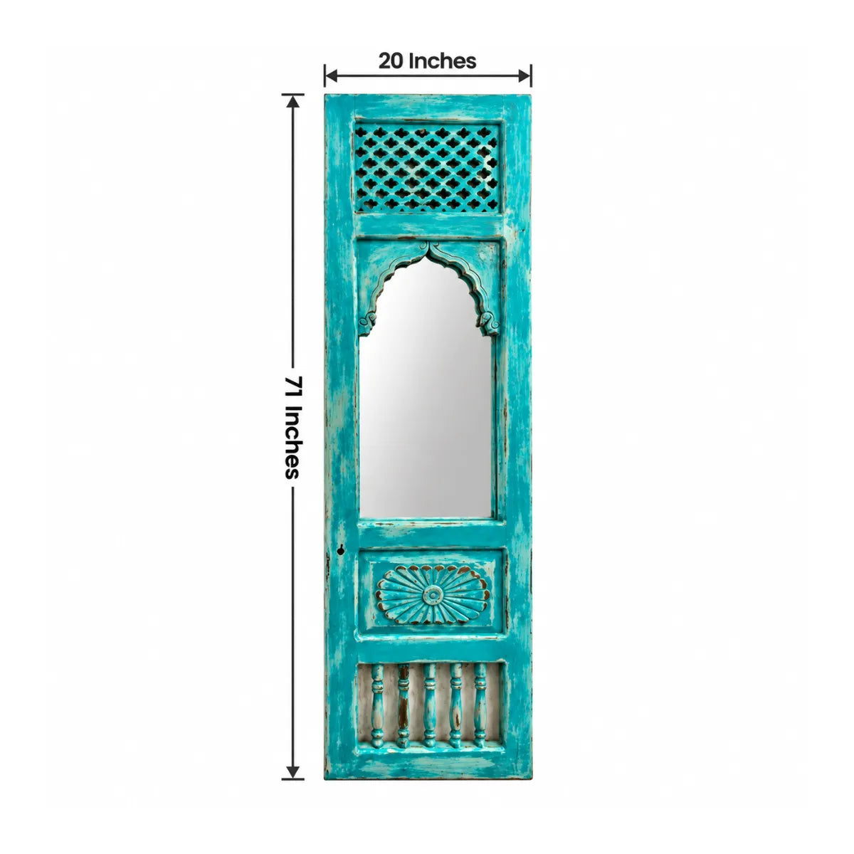 Kivara Turquoise Carved Wooden Jharokha Mirror with Jali Panel