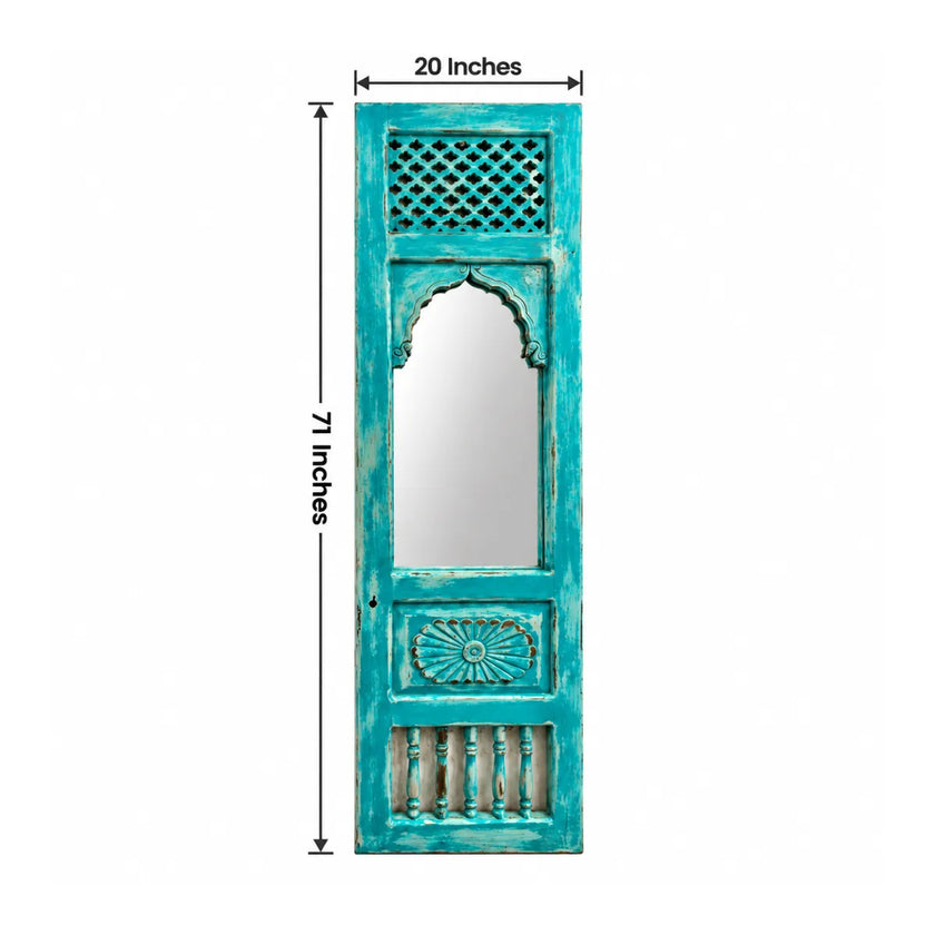 Kivara Turquoise Carved Wooden Jharokha Mirror with Jali Panel