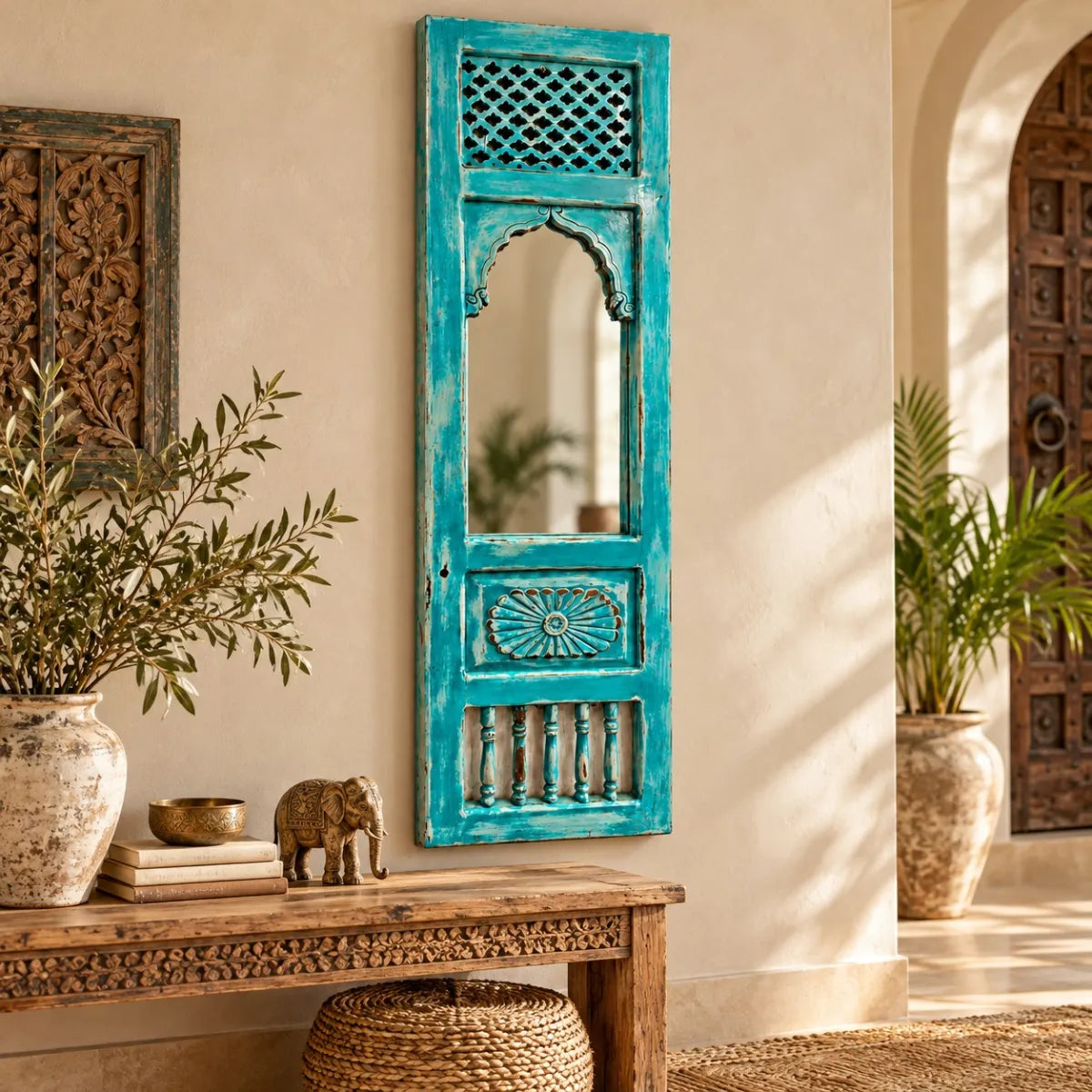 Kivara Turquoise Carved Wooden Jharokha Mirror with Jali Panel