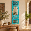 Kivara Turquoise Carved Wooden Jharokha Mirror with Jali Panel