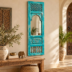 Kivara Turquoise Carved Wooden Jharokha Mirror with Jali Panel
