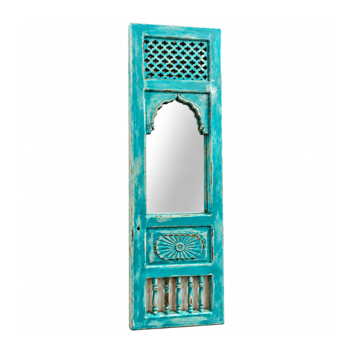 Kivara Turquoise Carved Wooden Jharokha Mirror with Jali Panel