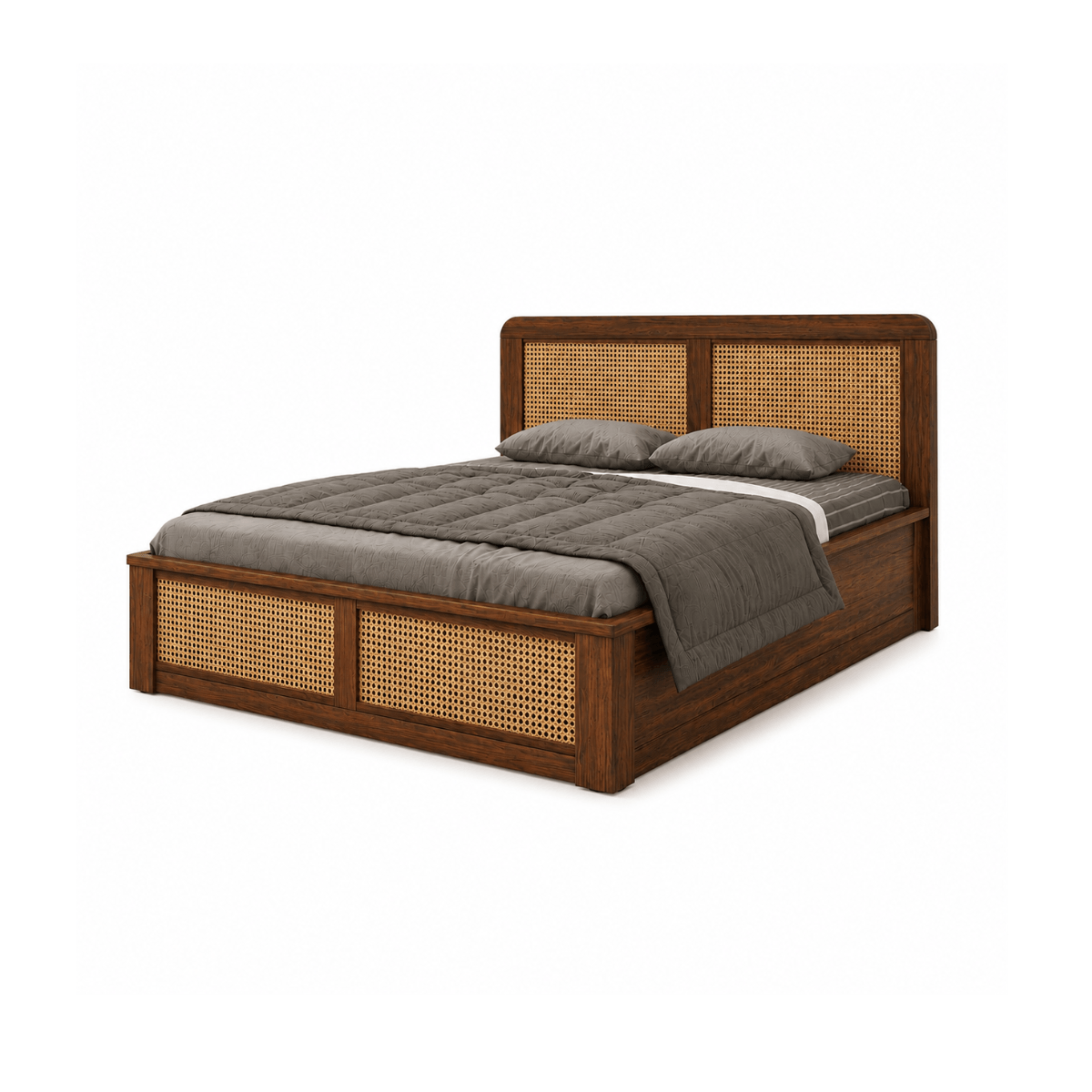Kontour Sheesham Wood Platform Bed with Cane Headboard