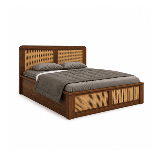 Kontour Sheesham Wood Platform Bed with Cane Headboard