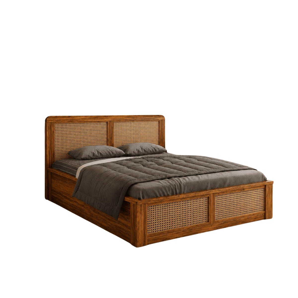 Kontour Sheesham Wood Platform Bed with Cane Headboard