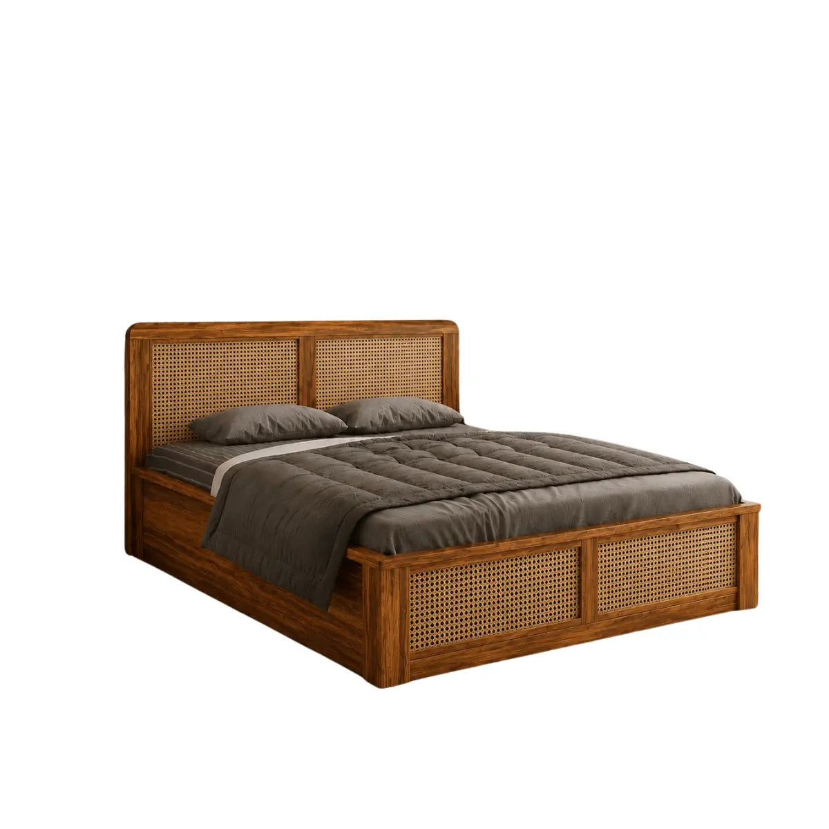 Wooden bed with wicker sides and gray bedding on a white background