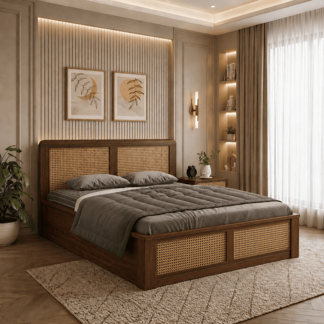 Kontour Sheesham Wood Platform Bed with Cane Headboard