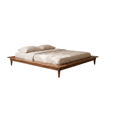 kriya sheesham wood low floo platform bed with no headboard dark teak finish front right angle white background