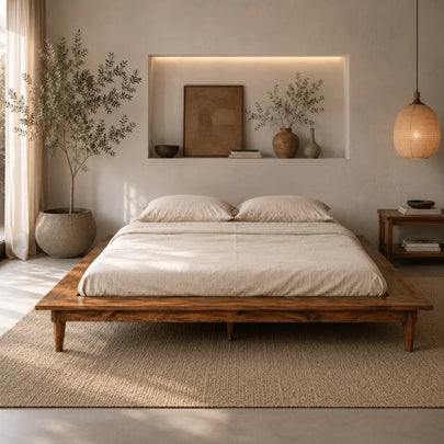 kriya sheesham wood low floor platform bed with no headboard in a premium bedroom