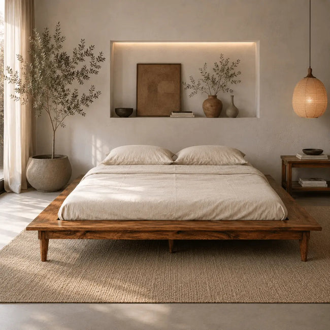 kriya sheesham wood low floor platform bed with no headboard in a premium bedroom