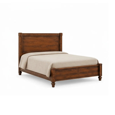 lesnar sheesham wood bed with tall panel headboard dark teak finish front right angle white background