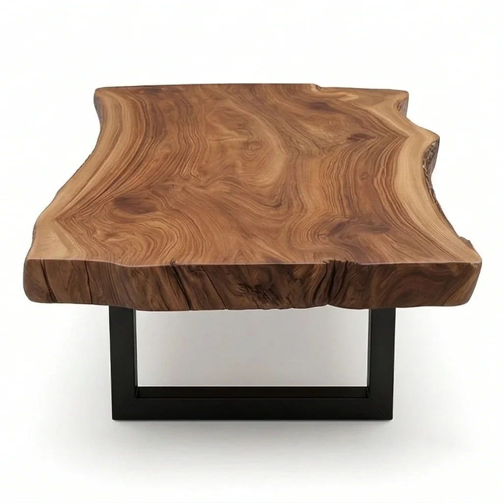 Live edge solid wood coffee table end view with natural wood grain