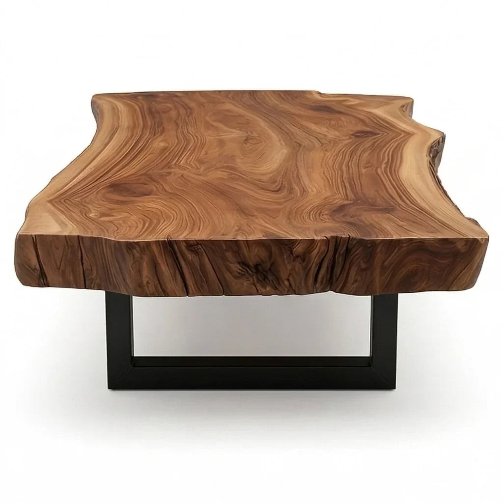 Live edge solid wood coffee table with natural edge top and black U-shaped metal legs