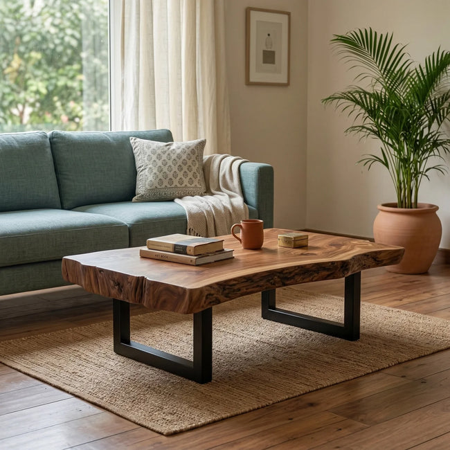 Live edge solid wood coffee table with black metal base in a modern living room