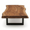 Live edge solid wood coffee table side view on black metal legs