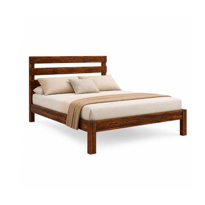 malone sheesham wood bed with triple slat headboard dark teak finish front right angle