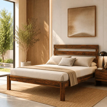 malone sheesham wood bed with triple slat headboard in a premium bedroom setup