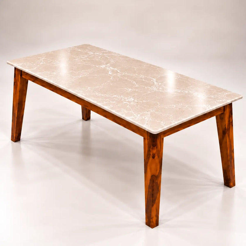 Marvaan 6 seater marble dining table with solid sheesham wood legs angle view