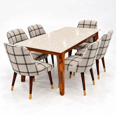 Marvaan 6 seater marble dining table with checkered upholstered chairs