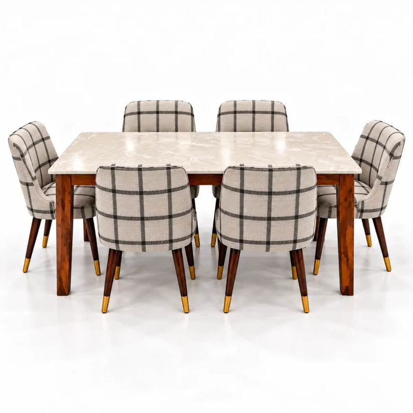 Marvaan marble dining table set with 6 chairs front view
