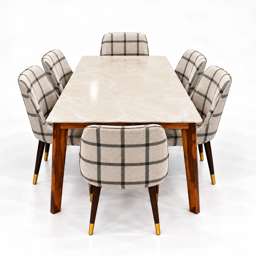 Marvaan marble top dining table set with 6 chairs end view