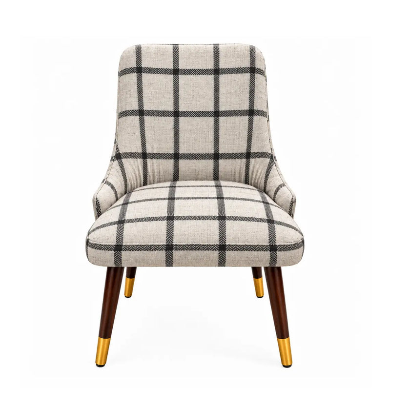 Marvaan upholstered dining chair with gold tipped legs front view