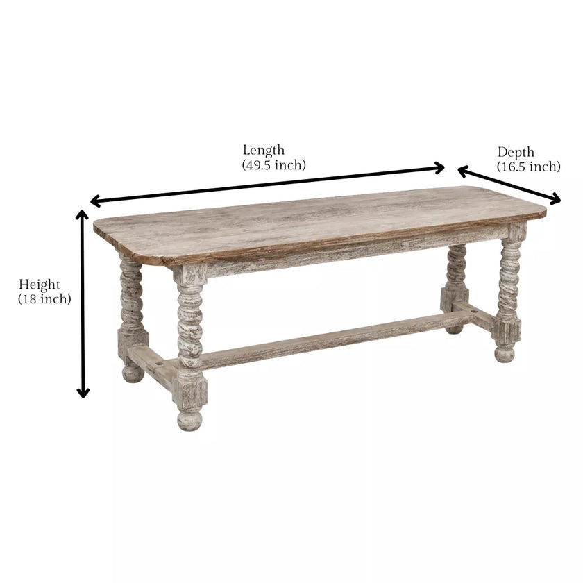 A rustic rectangular wooden bench with distressed whitewashed legs and a natural wood top, shown with dimension arrows and labels for length, depth, and height on a white background.