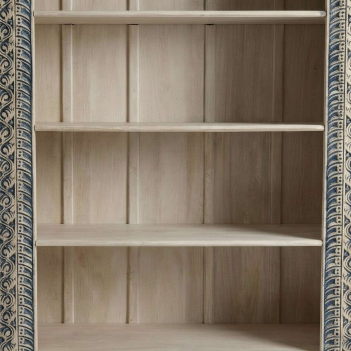 Meher Handcrafted Teak Wood Open Bookshelf Cabinet with carved blue distressed frame and five open storage shelves – front closeup view
