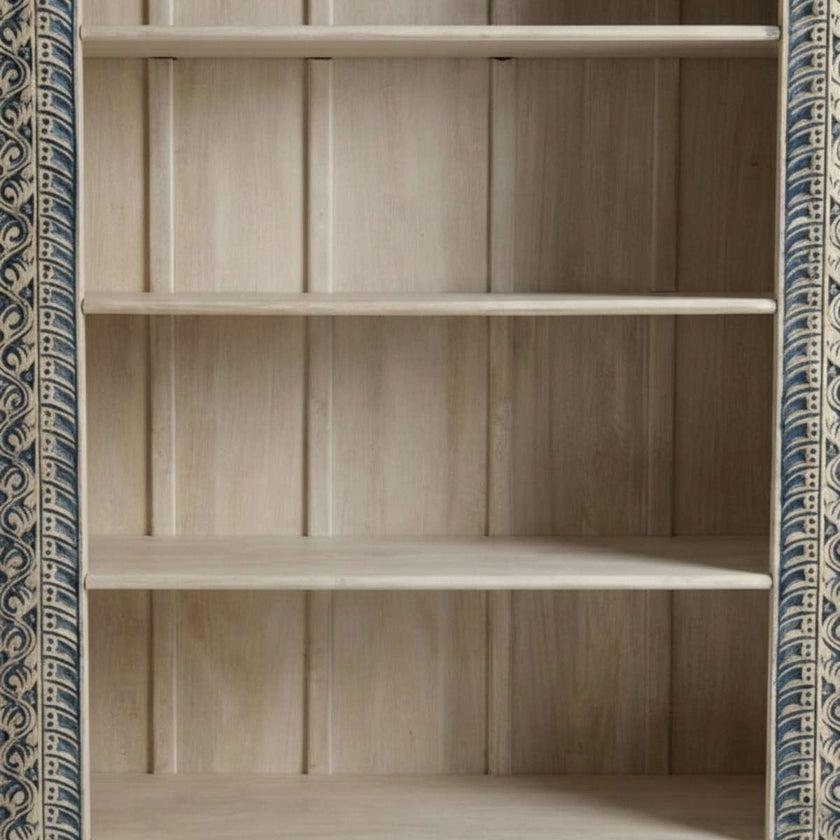 Meher Handcrafted Teak Wood Open Bookshelf Cabinet with carved blue distressed frame and five open storage shelves – front closeup view