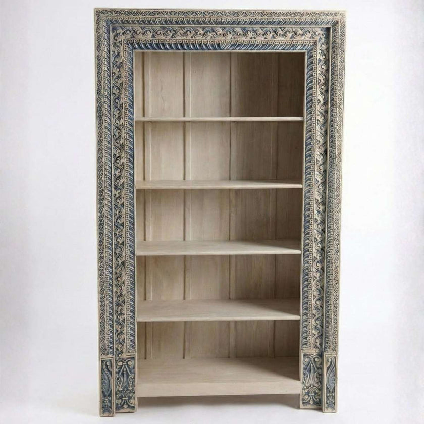 Meher Handcrafted Teak Wood Open Bookshelf Cabinet with carved blue distressed frame and five open storage shelves – front view