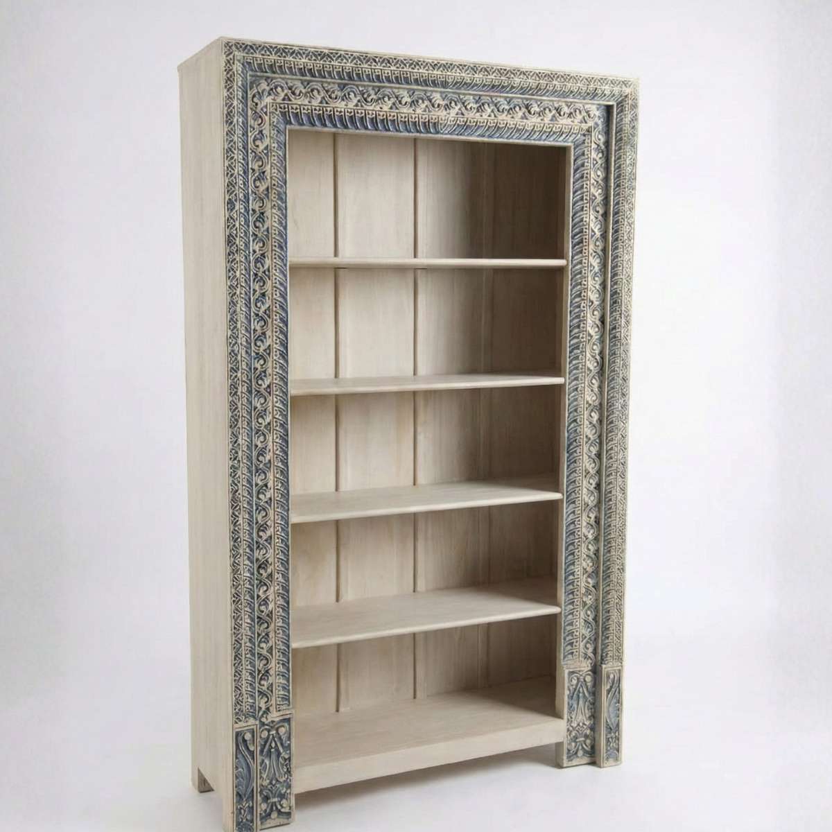 Meher Handcrafted Teak Wood Open Bookshelf Cabinet showcasing intricate carved border detailing and open shelving – side angle view