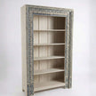 Meher Handcrafted Teak Wood Open Bookshelf Cabinet showcasing intricate carved border detailing and open shelving – side angle view