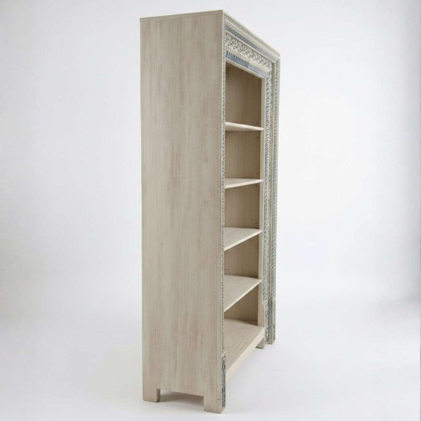 Meher Handcrafted Teak Wood Open Bookshelf Cabinet showcasing intricate carved border detailing and open shelving – side view