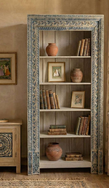 Meher Handcrafted Teak Wood Open Bookshelf Cabinet styled with books and décor in a rustic bedroom interior setting