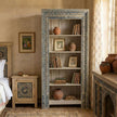 Meher Handcrafted Teak Wood Open Bookshelf Cabinet styled with books and décor in a rustic bedroom interior setting
