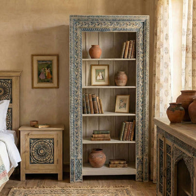 Meher Handcrafted Teak Wood Open Bookshelf Cabinet styled with books and décor in a rustic bedroom interior setting