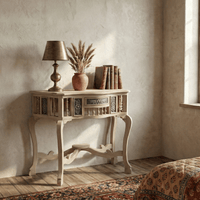 Meher Heritage solid teak carved dressing table with cabriole legs and floral panel details