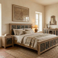 Meher Heritage hand-carved solid teak wood bed frame styled in bedroom setting with intricate panel detailing