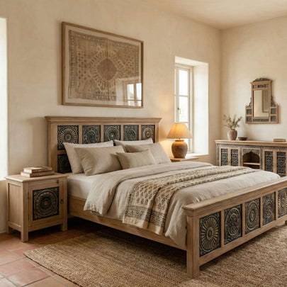 Meher Heritage hand-carved solid teak wood bed frame styled in bedroom setting with intricate panel detailing