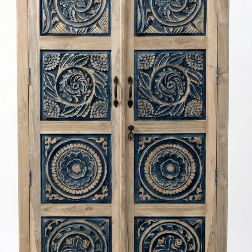 Front close-up view of intricate carved design on Meher rustic teak almirah