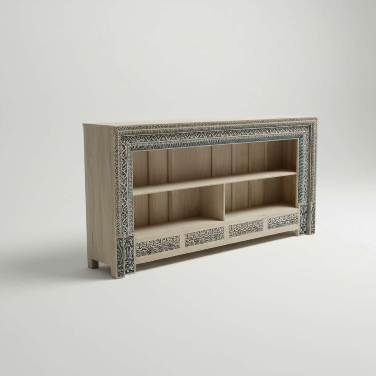 Front-left angle view of Meher rustic teak wood hand-carved open display cabinet highlighting detailed blue arabesque motifs on frame.