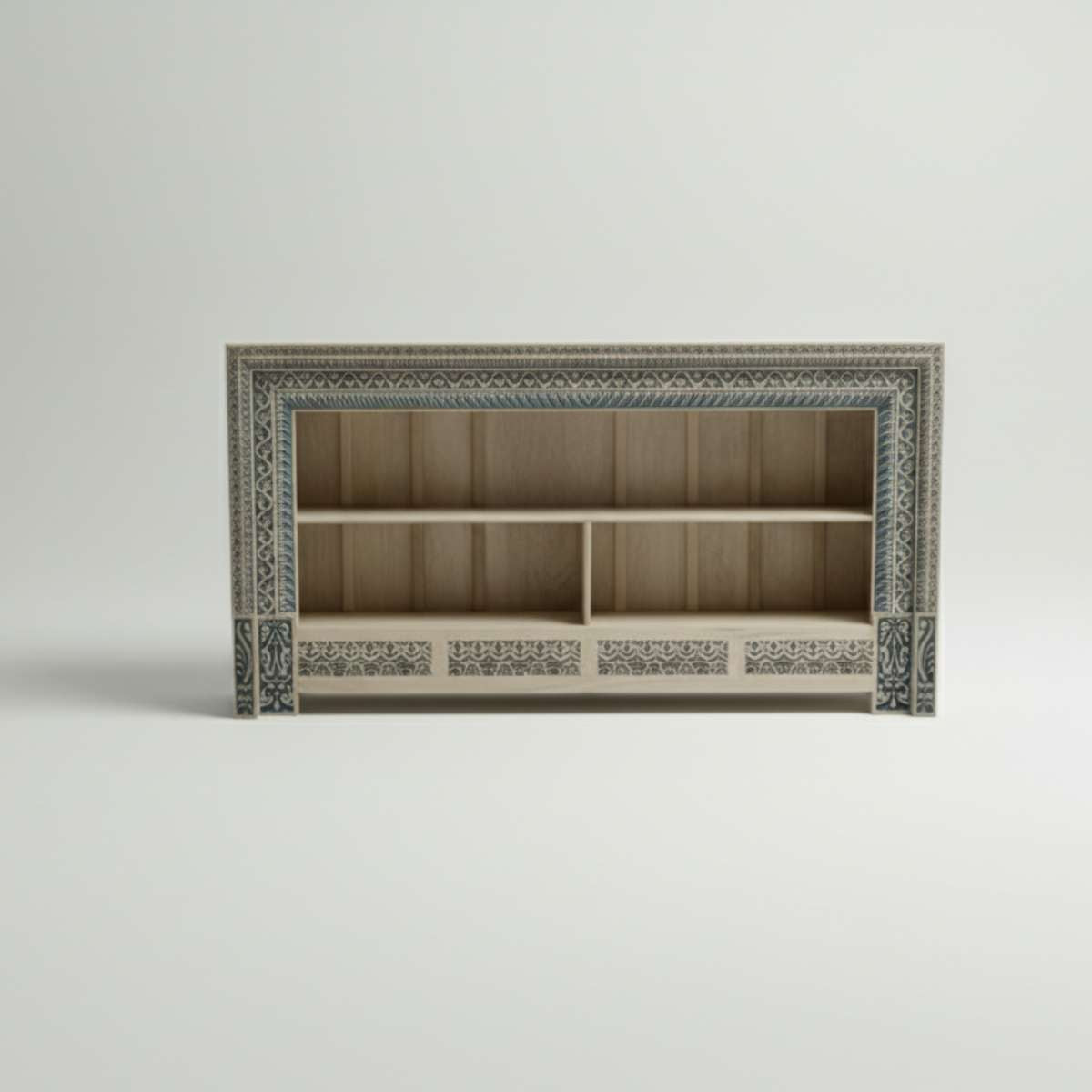Front-view of Meher rustic teak wood open bookshelf cabinet with hand-carved blue decorative borders and multiple shelves.