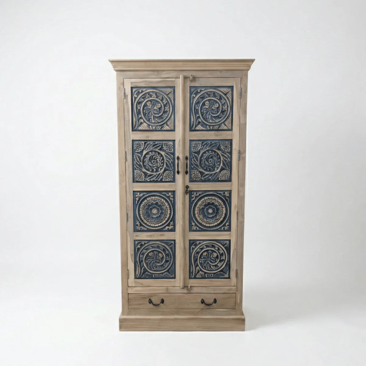 Front view of Meher rustic teak wood carved almirah cabinet with blue carved detailing