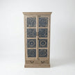 Front view of Meher rustic teak wood carved almirah cabinet with blue carved detailing