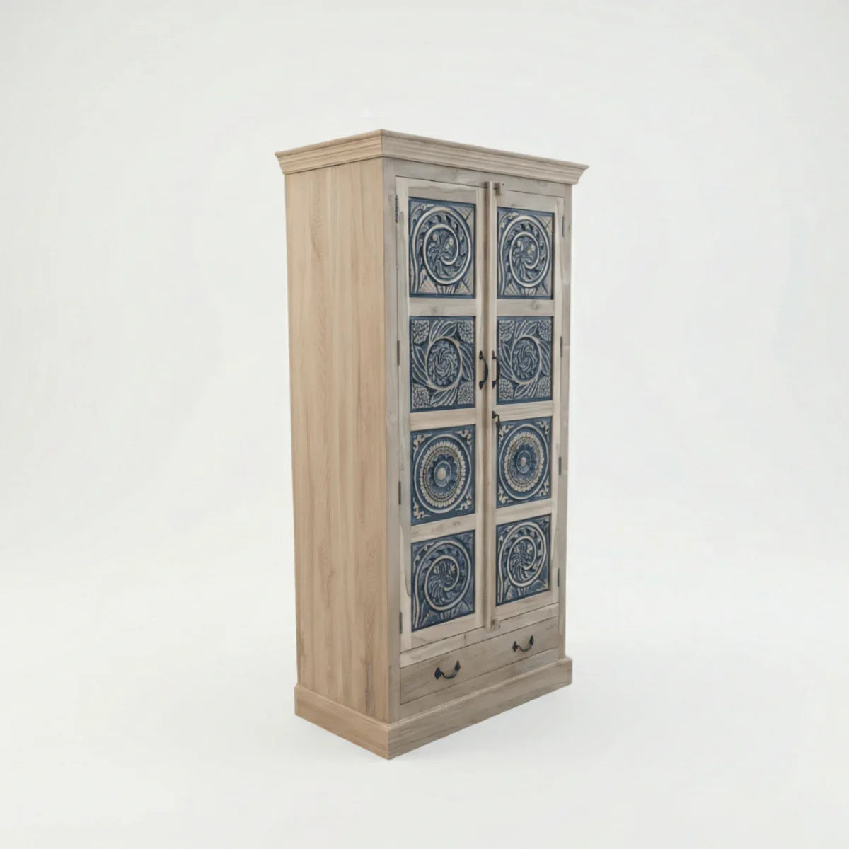 Meher rustic teak wood carved almirah cabinet with blue carved panels – side angle view