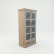 Meher rustic teak wood carved almirah cabinet with blue carved panels – side angle view