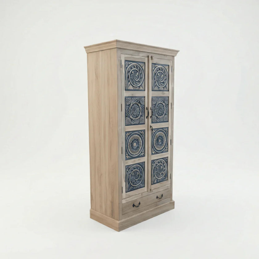 Meher rustic teak wood carved almirah cabinet with blue carved panels – side angle view