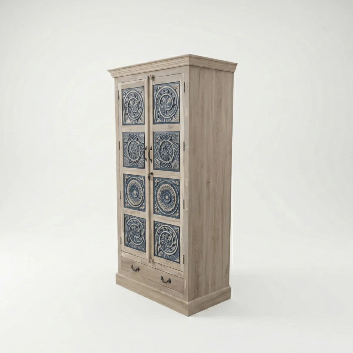 Meher rustic teak wood carved almirah cabinet with blue hand-carved panels – three quarter view