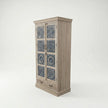 Meher rustic teak wood carved almirah cabinet with blue hand-carved panels – three quarter view