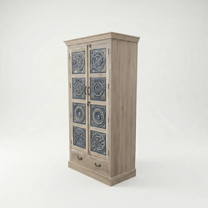 Meher rustic teak wood carved almirah cabinet with blue hand-carved panels – three quarter view